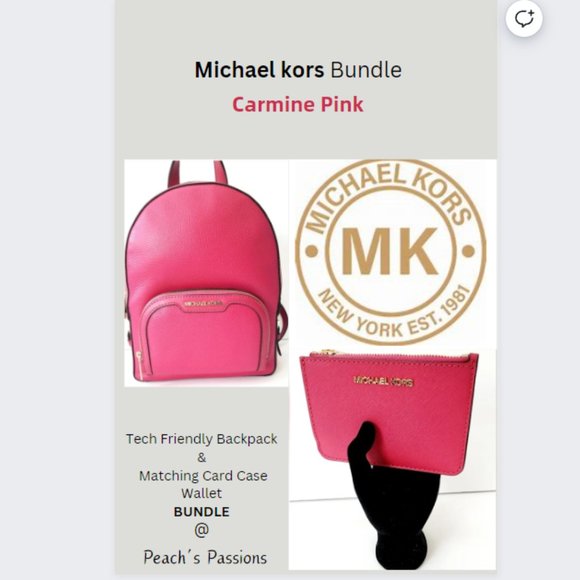 Michael Kors JACEE Carmine Pink LEATHER Backpack & Card Case BUNDLE NWT! - Picture 2 of 15